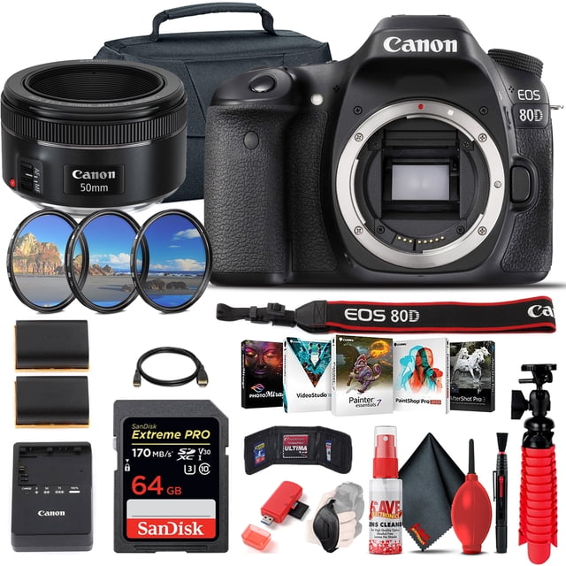 Canon EOS 80D Appareil Photo Reflex Numérique (Boîtier Seul) (1263C004) + Objectif EF 50mm + 64 Go + Plus (Modèle International)