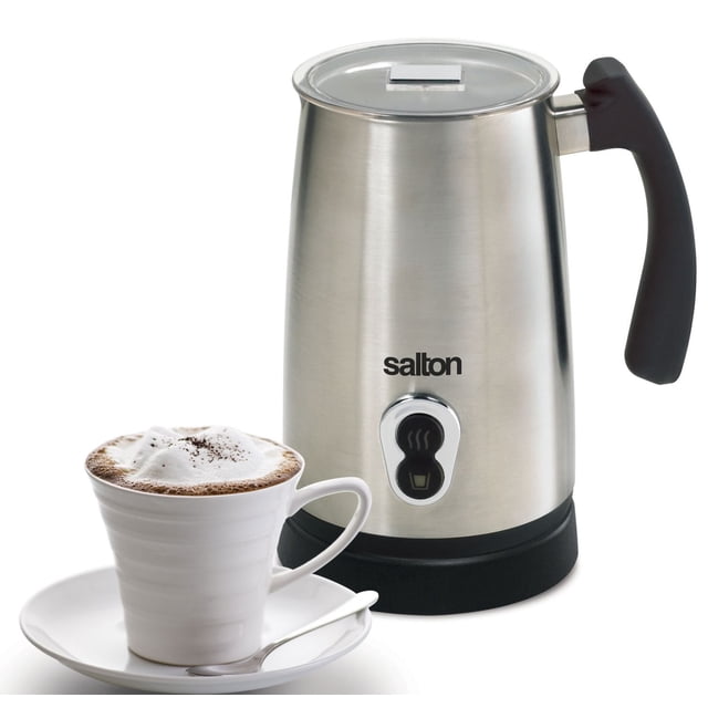 Salton Cordless Frother FR1416 with stainless steel body and black handle, featuring one-touch button and 360° cordless base, shown with a white cup of frothy cappuccino on a saucer with spoon, ideal for frothing hot or cold milk for coffee and milk beverages.