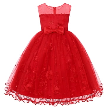 LUOGENLI Dress Kids Dress Girls Birthday Elegant Sleeveless Mesh Bowknot Princess Flower Girl Dresses Wedding Kids Jean Dress for Girls Denim Plus Size Red 4-5 Years