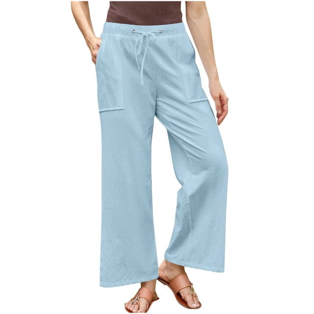 Timegard Pants for Women Plus Size Drawstring Waist Straight Leg Lightweight Casual Loose Trousers