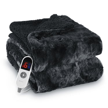 MARNUR Couverture Chauffante Électrique 50 Pouces x 60 Pouces, Couverture Chauffante en Fausse Fourrure Douce et Velours Shu, Grand Écran LED, 6 Niveaux de Chauffage, Minuterie de 4 Heures, Teinture sur Nœuds Noir