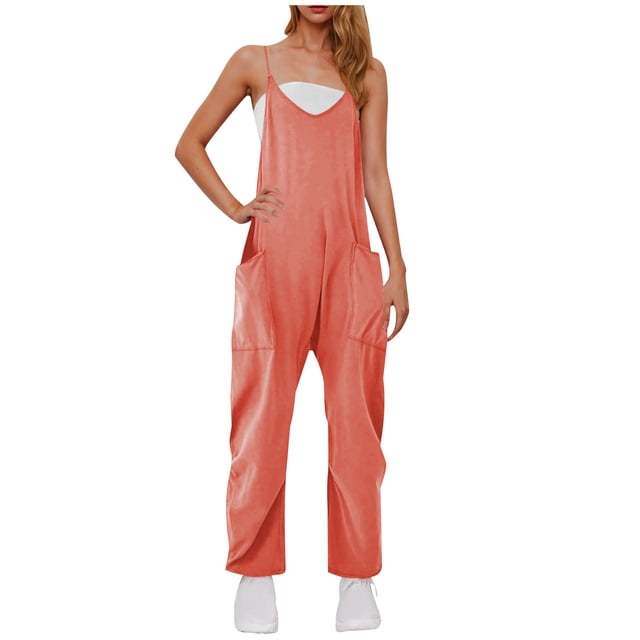 yoeyez Womens Rompers And Jumpsuits Plus Size,Women's Solid Color V Neck Sling Overalls Rompers Sleeveless Backless Wide Leg Trouser Overalls Jumpsuit With Pockets Orange,3XL