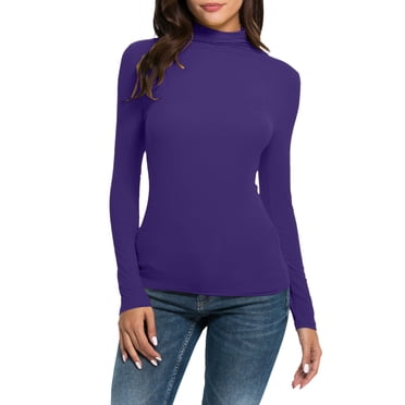 Purple Young Adult Tops Casual Solid Long Sleeve Mock Turtleneck Blouse Slim Fit Stretchy Layer Tee Shirts Womens Shirt Size S