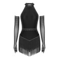 thumbnail image 1 of Hansber Robe de Danse pour Femmes à Franges en Strass avec Gants, Col Licou, Costume de Danse Latine pour Salle de Bal, Rumba, Salsa, Noir G, 1 of 7