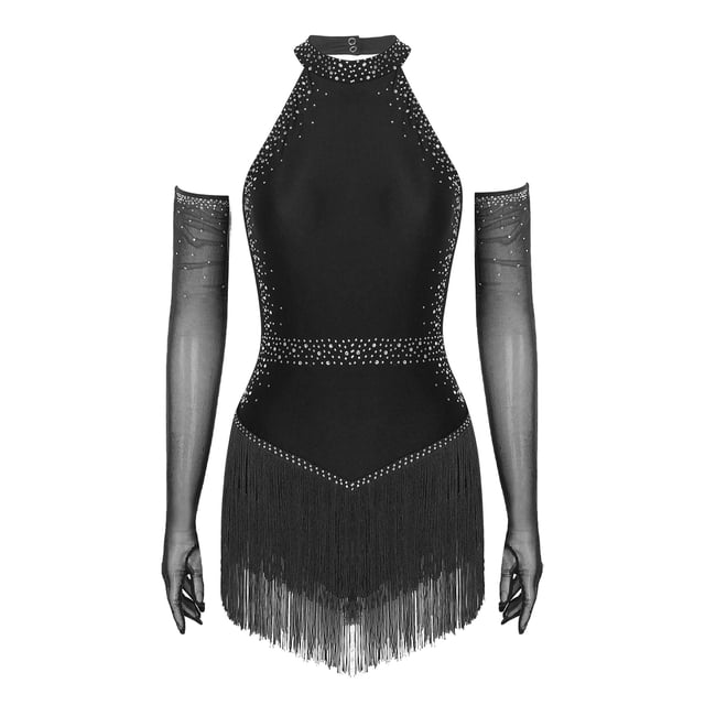 Hansber Robe de Danse pour Femmes à Franges en Strass avec Gants, Col Licou, Costume de Danse Latine pour Salle de Bal, Rumba, Salsa, Noir G