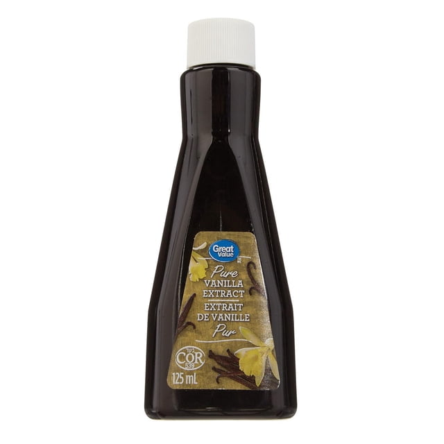 Great Value Pure Vanilla Extract in a 125 ml dark brown plastic bottle with a white ribbed screw cap, featuring a beige label with vanilla flowers and pods and bilingual English-French text, ideal for baking and adding natural vanilla flavour.