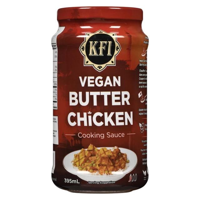 KFI Pot de sauce pour Poulet au Beurre Végétalien avec une Étiquette Rouge Présentant le logo KFI et un Texte Blanc Audacieux, Montrant un Plat de Poulet au Beurre Végétalien Plaqué avec tofu et Pois, 395 ml, Idéal pour la Cuisine Indienne et la Préparation de Repas Végétaliens.