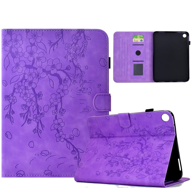 FOXDOCK Tablet Case for Samsung Galaxy Tab A11 with a plum blossom floral design in purple. This folio cover features built-in card slots, a secure magnetic closure, and a stand function for hands-free viewing and typing. Ideal for protecting your tablet from scratches and daily wear, it is a stylish addition to Samsung tablet accessories.