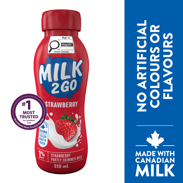 Milk2Go 1% Strawberry Partly Skimmed Milk 310 mL bottle, centered front view showing pink strawberry-flavoured milk with white cap and Milk2Go label, notes no artificial colours or flavours, Made with Canadian milk and a source of protein and calcium; convenient on-the-go snack often used as a smoothie mixer.