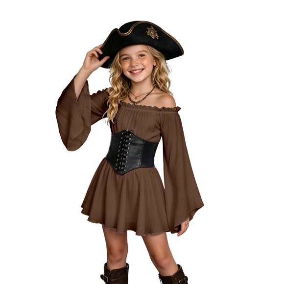 Girls Dress Off Shoulder Fairy Halloween Flowy Bell Sleeve Ruffle Tie Straps Party Dress 3-12 Years
