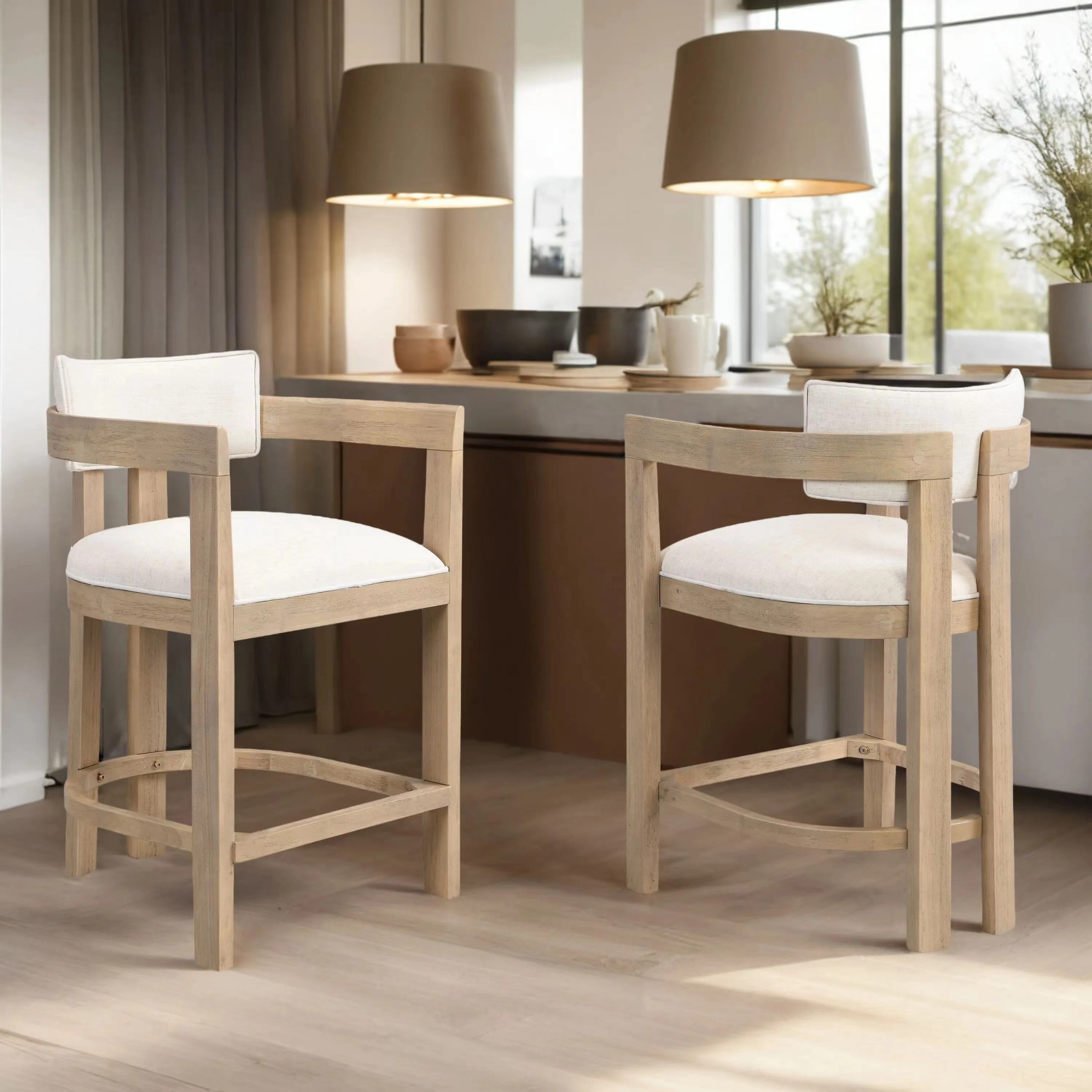 Tabourets de bar Noble House, hauteur de comptoir 66 cm, ensemble de 2, rembourrés avec dossier incurvé en bois massif, beige et frêne naturel