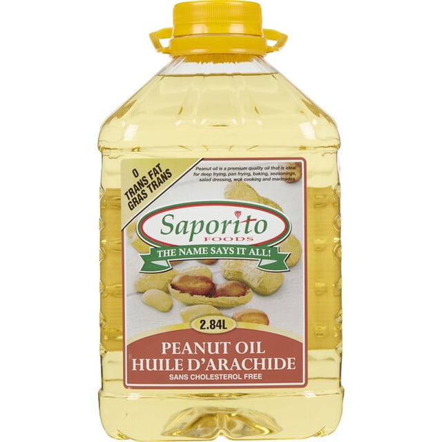 Peanut oil in a 2.84L clear plastic bottle with a yellow screw cap, branded Saporito Foods, labeled zero trans fat and cholesterol free, ideal for deep frying, pan frying, baking, seasoning, salad dressings, wok cooking, and marinades, commonly used as a cooking oil in pantry food.