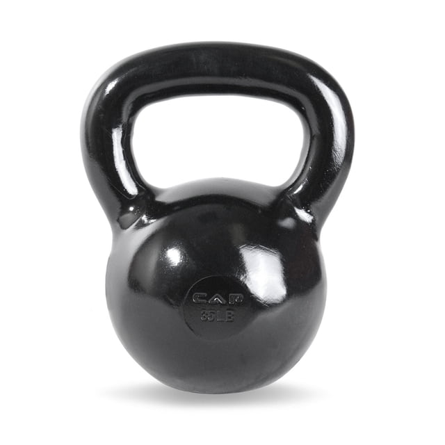 CAP Barbell Cast Iron Kettlebell, 35 lbs, front-facing solid cast iron kettlebell with black enamel finish and wide handle for secure grip, ideal for strength training, swings, deadlifts, and full body workouts.