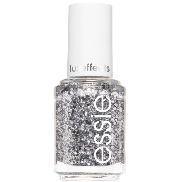 essie nail polish, vegan, glossy shine finish, salon quality formula, 13.5ml clear bottle containing silver glitter nail lacquer from the luxe effects collection, offering streak-free, chip-resistant coverage suitable for nail care and decoration