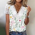 thumbnail image 1 of EGNMCR T-Shirts pour Femmes Femmes Mode Été Pli Imprimé Régulier Femmes Manches Courtes Col en V Bouton Haut, 1 of 5