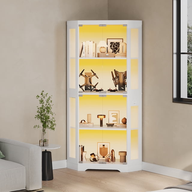 Modern Glass Display Cabinet for Dining Room – 4-Tier Hexagonal Corner Curio with LED Lights, Motion detector, Charging Ports, Glass Doors, Storage Shelf for Collectibles, Books, Toys – White
