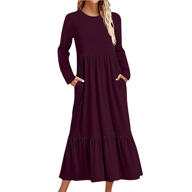 Penkiiy Robe Décontractée pour Femme à Manches Longues, Col Ras du Cou, Coupe Évasée, Robe Longue Fluide à Étages pour la Plage avec Poches, P Violet