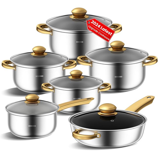 Stainless Steel pots and Pans Set, 12 Pieces Kitchen Cookware Set, Non-Toxic Cooking Set with Stay-Cool Handles, Dishwasher Safe,Works with Induction/Electric and Gas Cooktops (Silvery E)