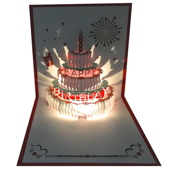 Unique 3D Pop-Up Cake Musical Birthday Card with LED Yellow Light - Cute Handwritten Greeting Card for Kids, Eco-Friendly Paper Cut Design, Includes Matching Envelope, Perfect Birthday Party