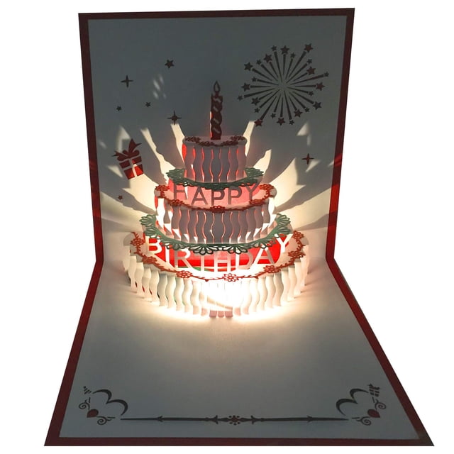 Unique 3D Pop-Up Cake Musical Birthday Card with LED Yellow Light - Cute Handwritten Greeting Card for Kids, Eco-Friendly Paper Cut Design, Includes Matching Envelope, Perfect Birthday Party