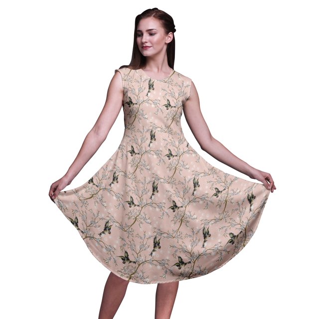 Bimba Robe Midi Évasée d'Été Décontractée Sans Manches à Imprimé Floral pour Femmes avec Fleurs Roses et Chardonneret Doré - X-Grand