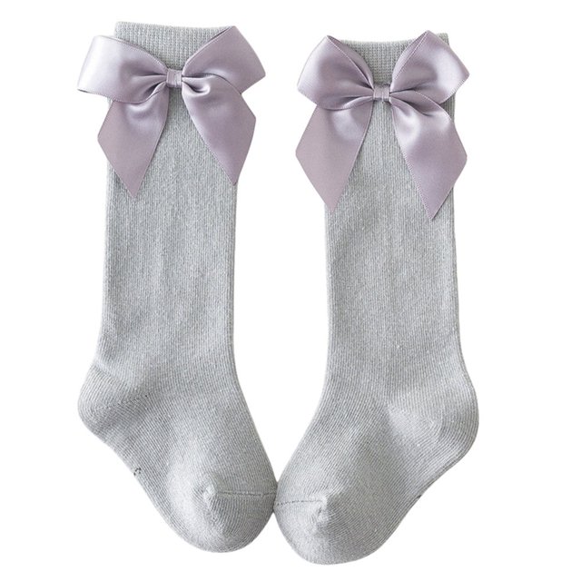 Little Girls Stockings Plain Color/Patchwork Side Bow-Knot Midi Tube Socks Breathable Elastic Knee-Length Socks