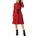 thumbnail image 1 of INSPIRE CHIC Robe Midi en Tricot pour Femme, Élégante, Col Montant, Manches Longues, Taille à Nouer, pour le Travail, S, Rouge, 1 of 6