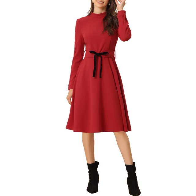 INSPIRE CHIC Robe Midi en Tricot pour Femme, Élégante, Col Montant, Manches Longues, Taille à Nouer, pour le Travail, S, Rouge