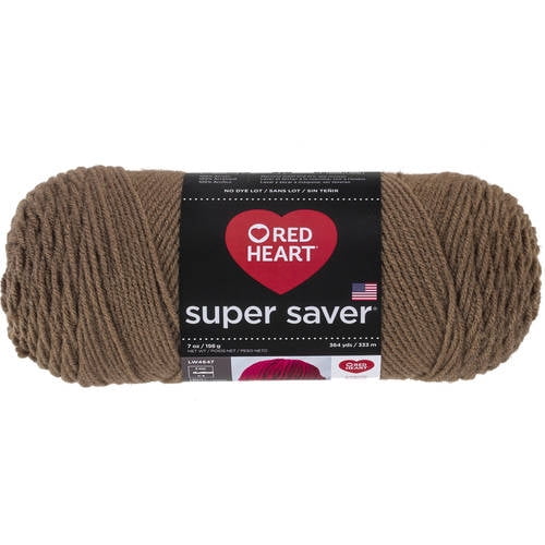 Red Heart® Super Saver® Yarn, Solid, Acrylic #4 Medium, 7oz/198g, 364 Yards, a skein of medium brown 100% acrylic worsted weight yarn with a black label featuring the Red Heart logo and product details, ideal for knitting and crocheting durable crafts and often used for making blankets and accessories.