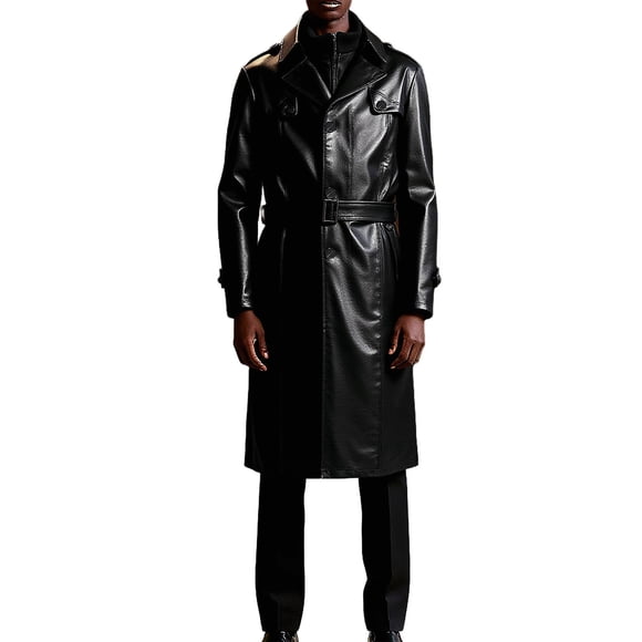 Lovzfmll Men's Leather Trench Coat Business Belted Notched Lapel Pockets Black, 2XL