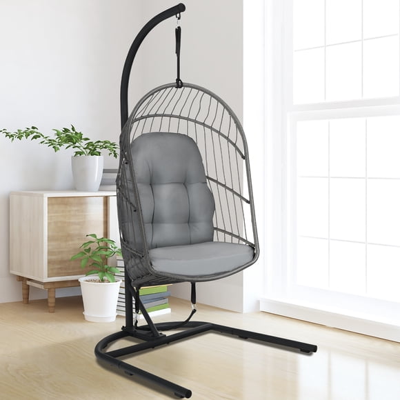 Costway Hanging Wicker Egg Chair w/ Stand Cushion Foldable Outdoor Indoor Gray