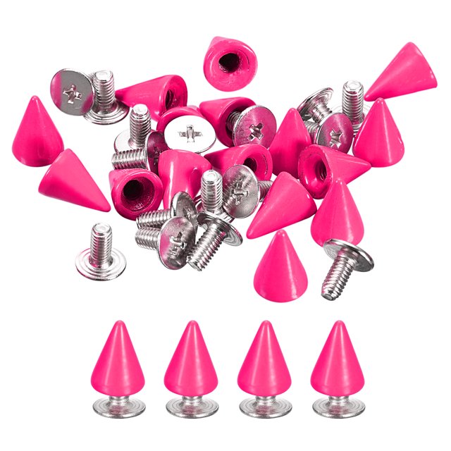 Unique Bargains 50 Sets Cone Spikes Studs 7x10mm Studs and Spike Screw Back Rivet in rose red color. The set includes 50 cone-shaped spikes with a baked enamel finish and 50 screw posts made of durable carbon steel. Each spike measures 7mm in diameter and 10mm in height, with M3 x 7mm screws for secure attachment. Ideal for DIY decoration and repair of items like belts, bags, shoes, and clothing, compatible with materials such as leather and fabric.