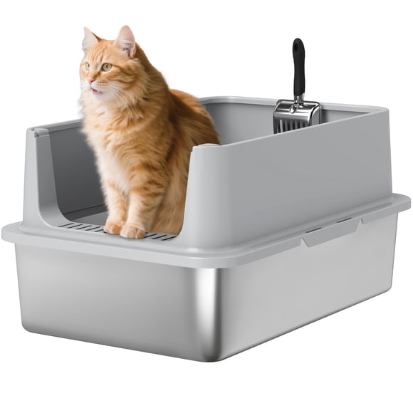 PawHut Bac à Litière pour Chat TG en Acier Inoxydable avec Paroi Haute Latérale, Pelle