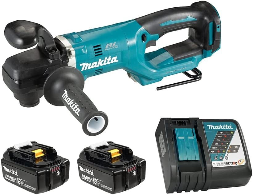 Makita DDA451RTE 18V LXT Brushless Cordless 7/16" Variable 2-Speed Angle Drill Kit with XPT, 2 Batteries 5.0 Ah, Rapid Charger & Tool Case