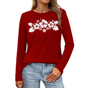 HUITKMM Cotton T Shirts for Women Women's Casual Printed Round Neck Long Sleeve T Shirt