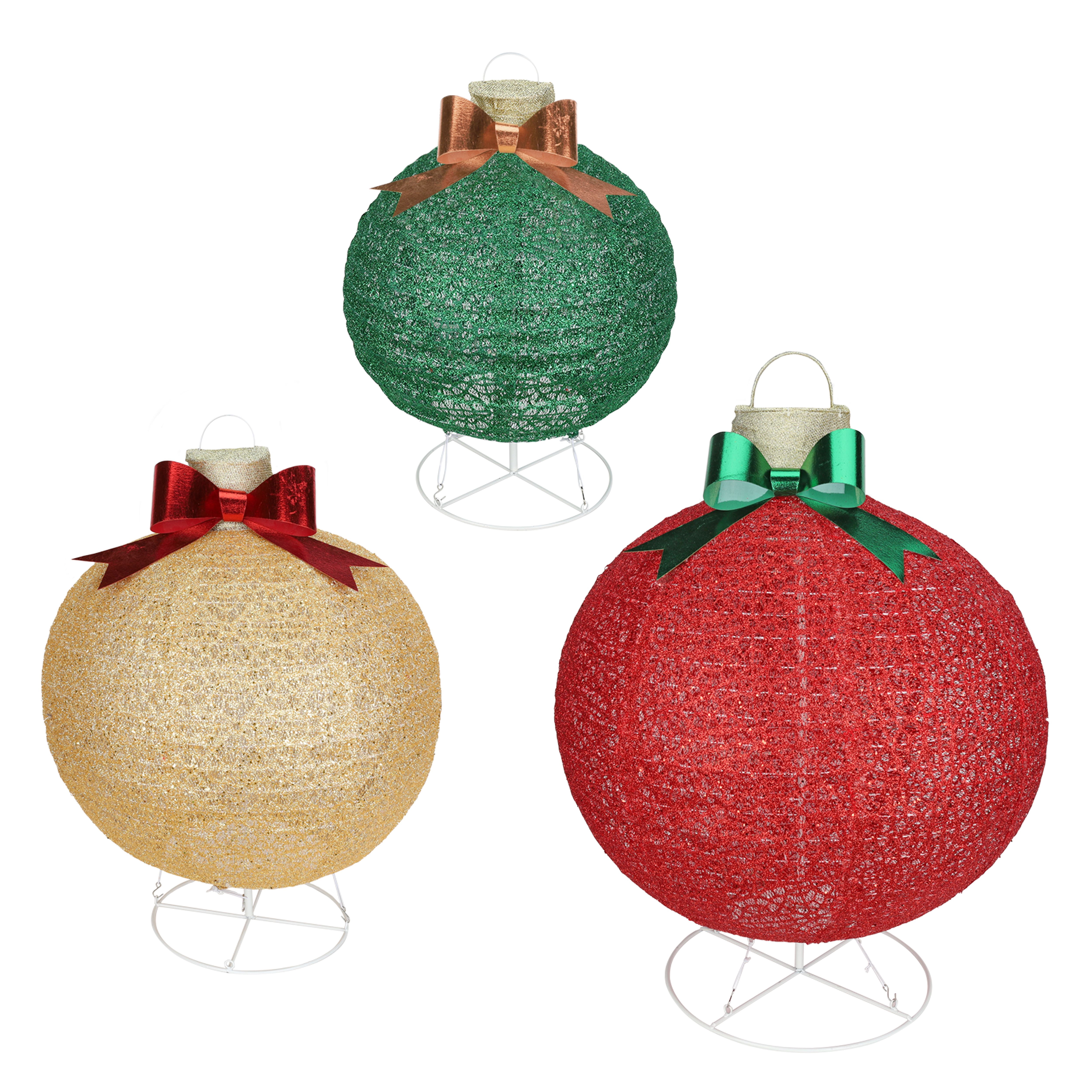 Holiday Time Lot de 3 Boules de Noël Lumineuses avec Noeud, Rouge/ Or/ Vert