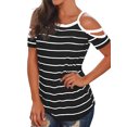 thumbnail image 3 of Women Horizontal Stripe Printed Cold Shoulder Scoop Neck Short Sleeves Shirt, 3 of 4