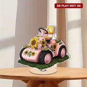 Rotating acrylic figurine featuring a blush-pink lawnmower with hand-painted sunflowers trimming grass under a clear sky in bright colors and intricate details