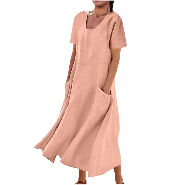 Bigersell Robes pour Occasions Spéciales Liquidation Femme Col en V Manches Courtes Midi Robe Décontractée Style D-126 Robes Grande Taille pour Invitée de Mariage Robes d'Été Grande Taille, Rose TG