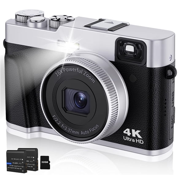 4K Digital Camera with Viewfinder Flash & Dial, 48MP Digital Camera for Photography and Video Autofocus Anti-Shake, Travel Portable Camera with SD Card 2 Batteries, 16X Zoom Vlogging Camera