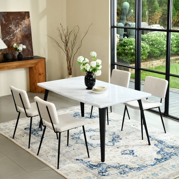 Homy Casa Table à Manger Moderne de 63 po, Table de Cuisine Rectangulaire à Motif de Marbre avec Pieds en Métal Noir Mat, Blanc