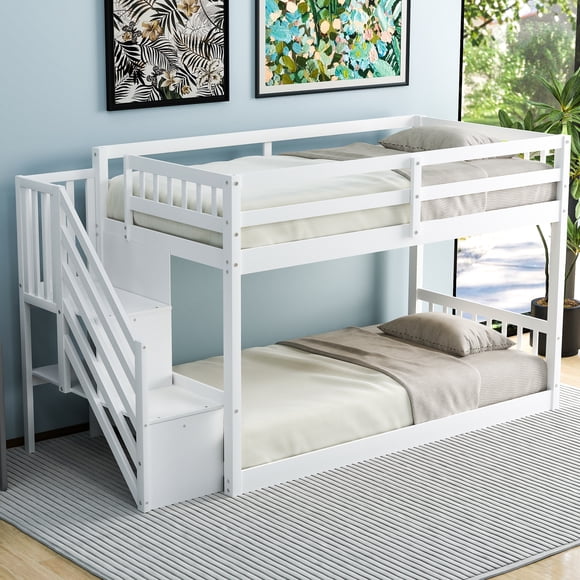 Euroco Wood Twin over Twin Floor Bunk Bed with Staircase for Kids Teens Room, White