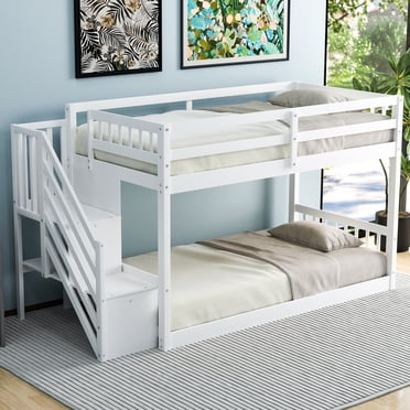 Euroco Wood Twin over Twin Floor Bunk Bed with Staircase for Kids Teens Room, White