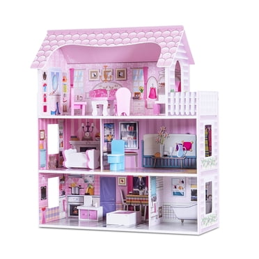 Gymax 28'' Pink Dollhouse w/ Furniture Rooms 3 Levels Young Girls Toy