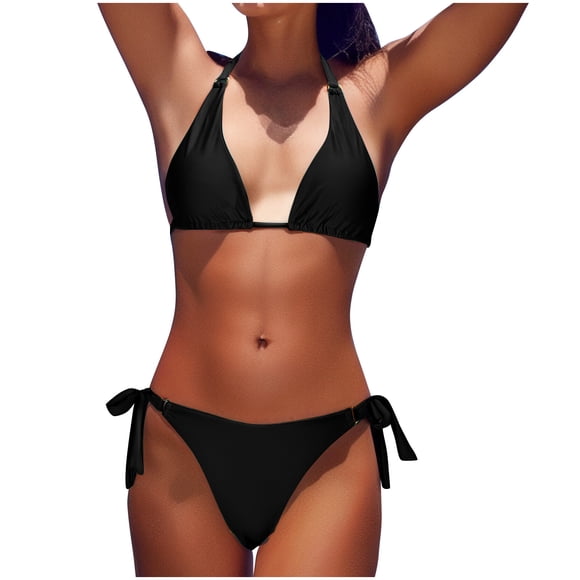 High Waisted Bikini Set V-Neck Strappy Tight Fitting One Piece Swimsuit with Side Split, Solid Color Sexy Bathing Suit for Women Beach Pool