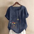 thumbnail image 2 of Pisexur Hauts d'Été pour Femmes, Hauts pour Dames, Hauts pour Femmes Décontractés en Lin à Col Rond, Grande Taille, T-shirt Blouse à Manches Courtes Imprimé avec Boutons, Blouses pour Femmes Bleu Marine, 3TG, 2 of 5