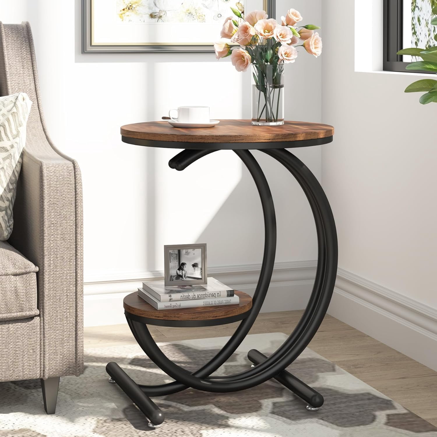 Tribesigns 2-Tier Side Table, Industrial Round End Table with Storage Shelf Modern Nightstand Bedside Table for Living Room, Bedroom (1, Brown/Black)