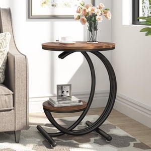 Tribesigns 2-Tier Side Table, Industrial Round End Table with Storage Shelf Modern Nightstand Bedside Table for Living Room, Bedroom (1, Brown/Black)