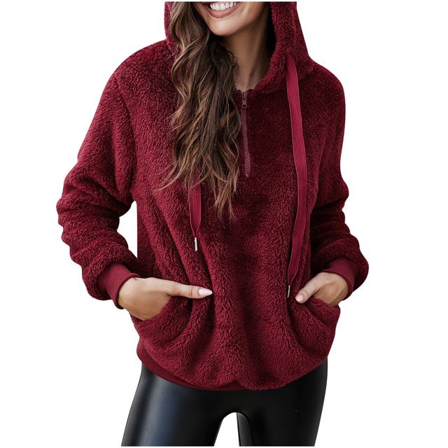 IROINID Women's Short Shearing Jacket Solid Color Long Sleeve Zipper Sweatshirt Plush Sweater Pocket Jacket, Red