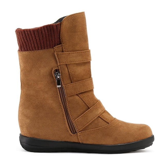 jsaierl Women Suede Round Toe Zipper Flat Pure Color Buckle Strap Keep Warm Snow Boots
